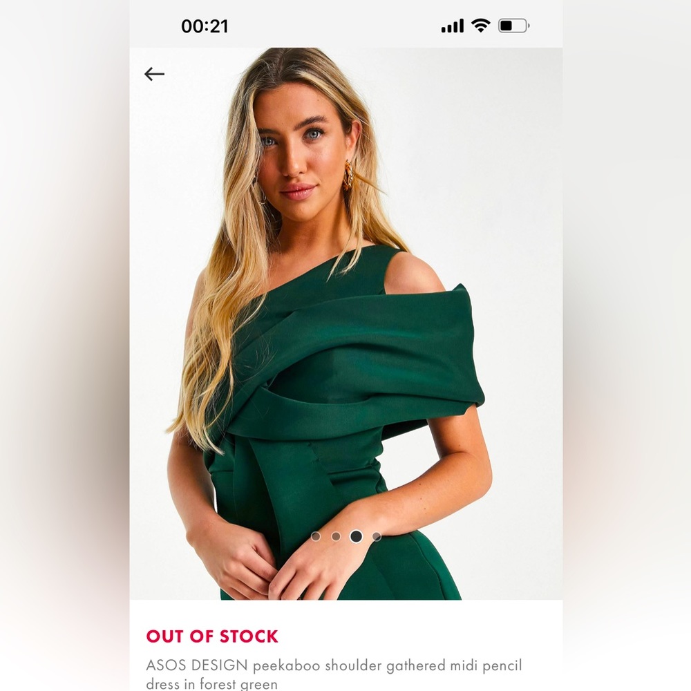 Asos Design Peekaboo shoulder gathered midi pencil dress in forest green. US 10